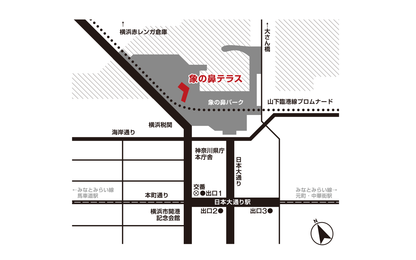 象の鼻テラスまでの地図。日本大通り駅の出口1から海岸通りを渡り、象の鼻パークの中